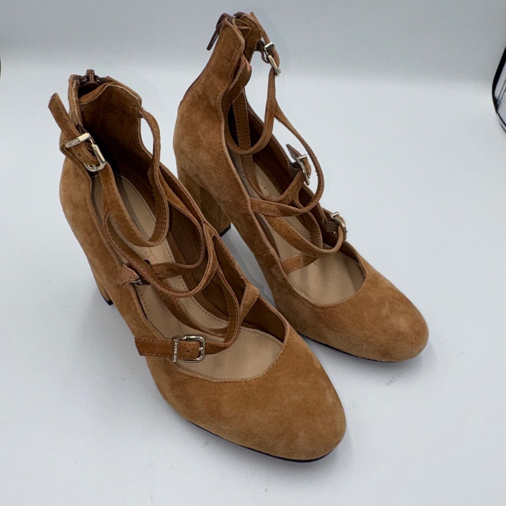 Gianni Bini Tan Suede Multi Strap Caged Block Heel Pumps Brown Buckle Accents